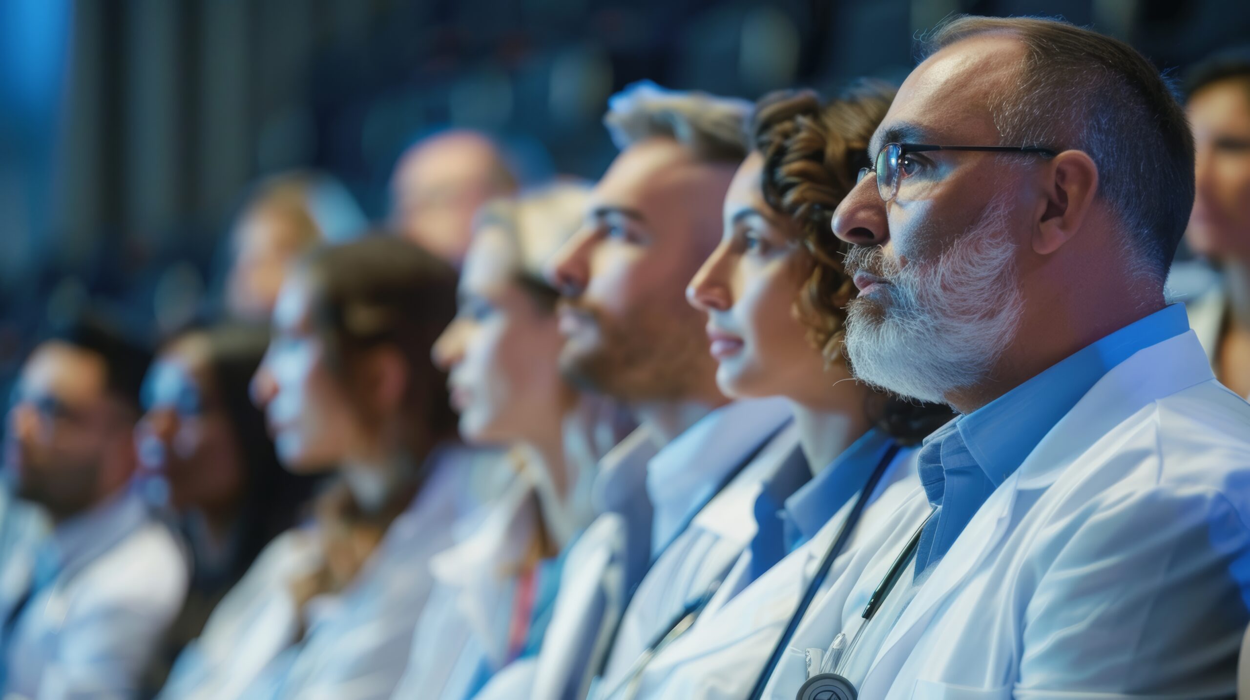 Medical experts attending a professional development conference, focusing on the presentation of a renowned speaker in the healthcare industry