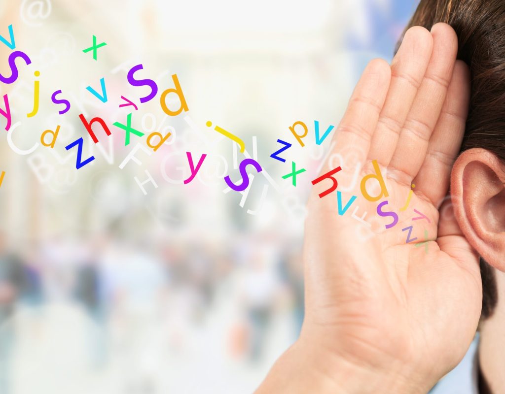 Man ear listening, copy space background